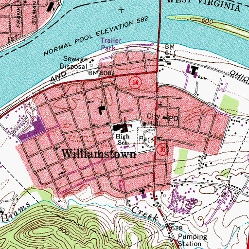Topographic Map of Williamstown Junior-Senior High School (historical), WV