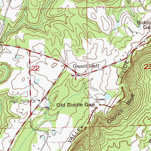 Topographic Map of Council Bluff, AL