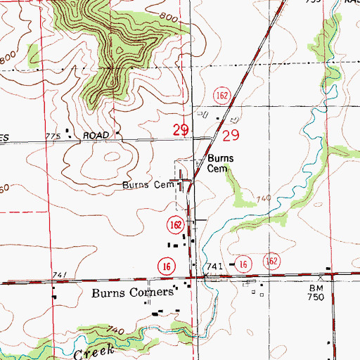 Topographic Map of Burns Cemetery, WI