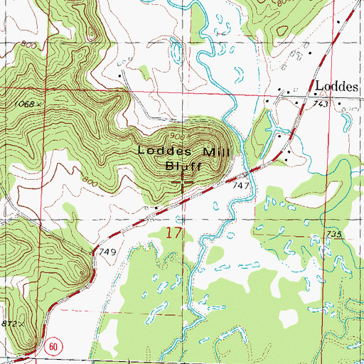 Topographic Map of Loddes Mill Bluff, WI