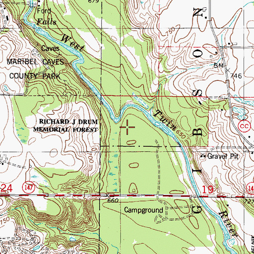 Topographic Map of Maribel Caves County Park, WI