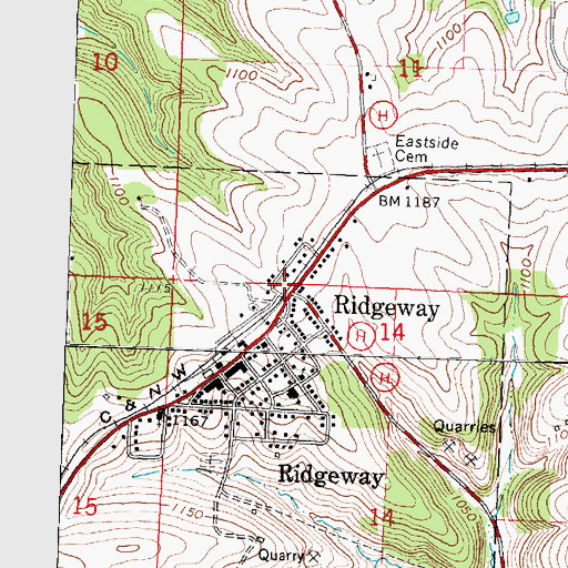 Topographic Map of Ridgeway, WI
