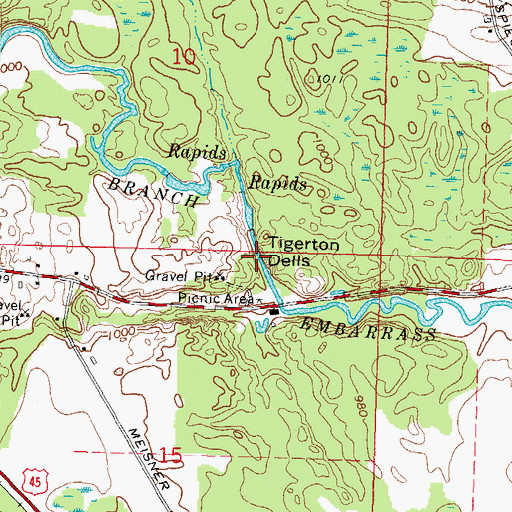 Topographic Map of Tigerton Dells, WI