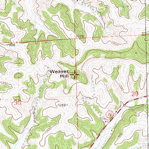 Topographic Map of Weaver Hill, WI
