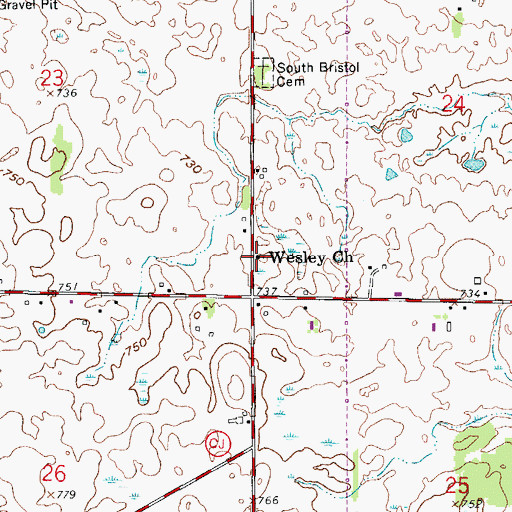 Topographic Map of Wesley Church, WI