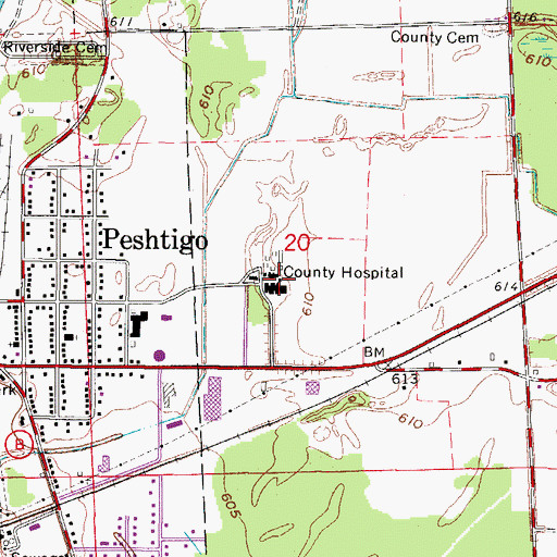 Topographic Map of Marinette County Hospital, WI