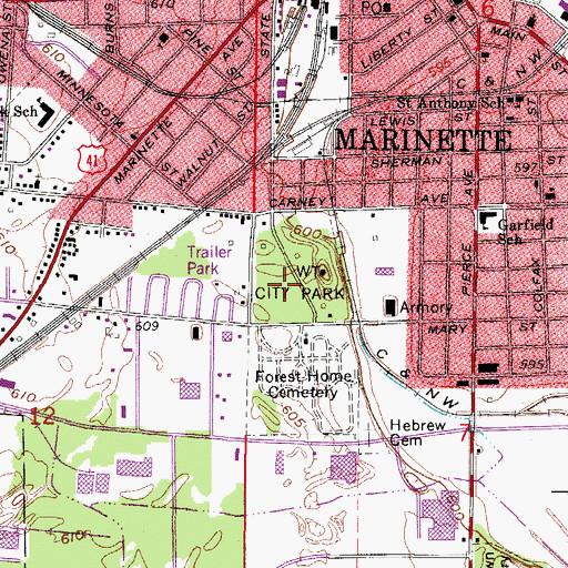Topographic Map of Marinette City Park, WI