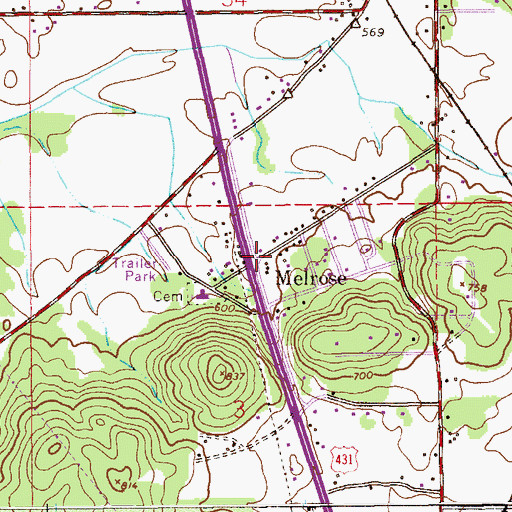 Topographic Map of Melrose, AL