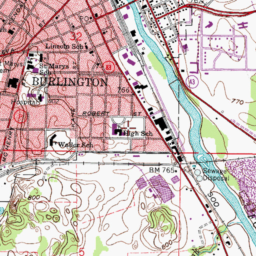 Topographic Map of WBSD-FM (Burlington), WI