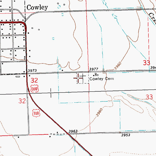 Topographic Map of Cowley Cemetery, WY