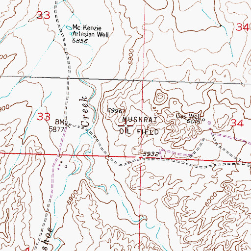 Topographic Map of Muskrat Oil Field, WY