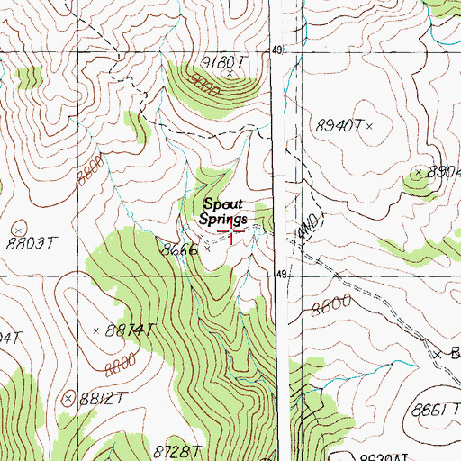 Topographic Map of Spout Springs, WY