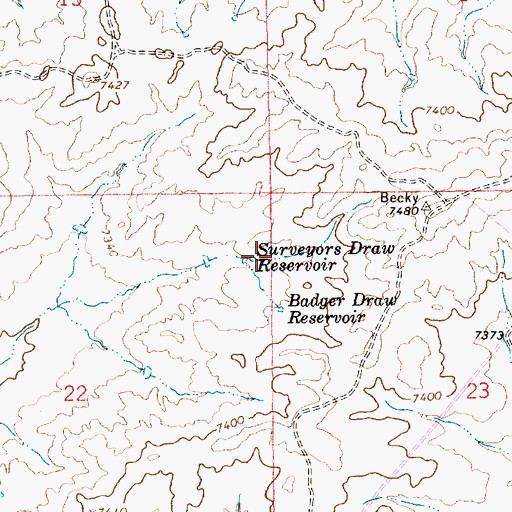 Topographic Map of Surveyors Draw Reservoir, WY