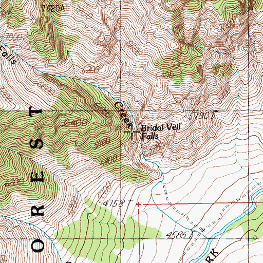 Topographic Map of Bridal Veil Falls, WY