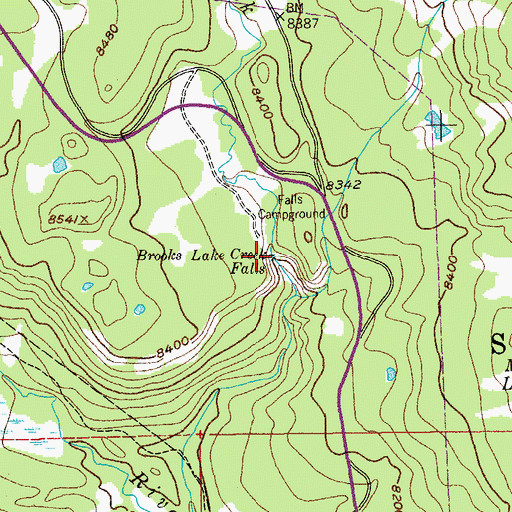 Topographic Map of Brooks Lake Creek Falls, WY