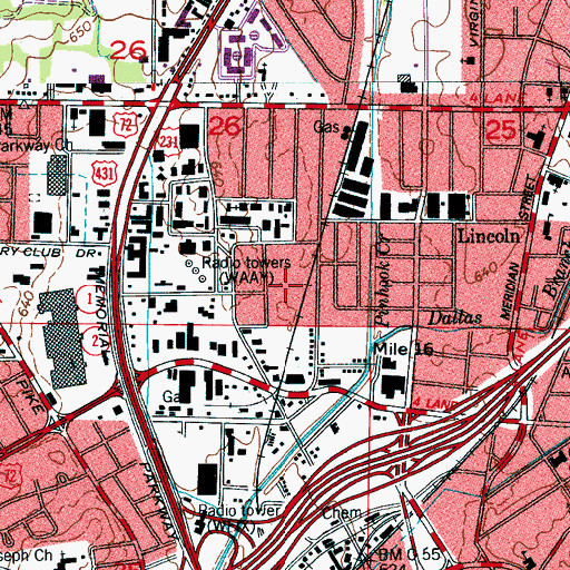 Topographic Map of WAAY-AM (Huntsville), AL