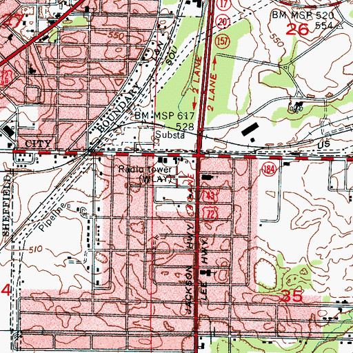 Topographic Map of WLAY-FM (Muscle Shoals), AL