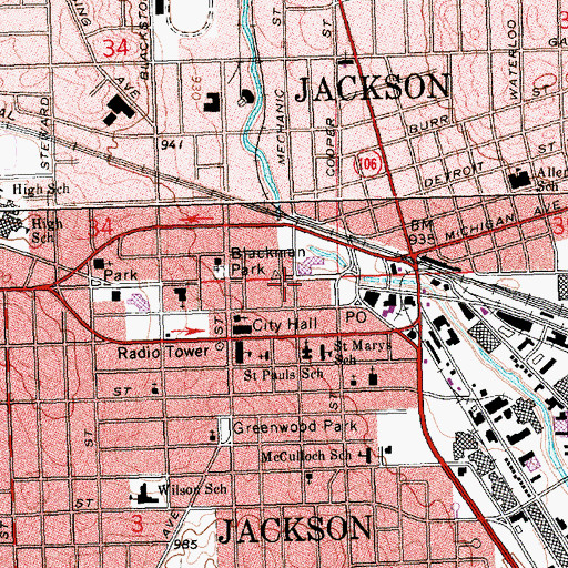 Topographic Map of WHTV-TV (Jackson), MI