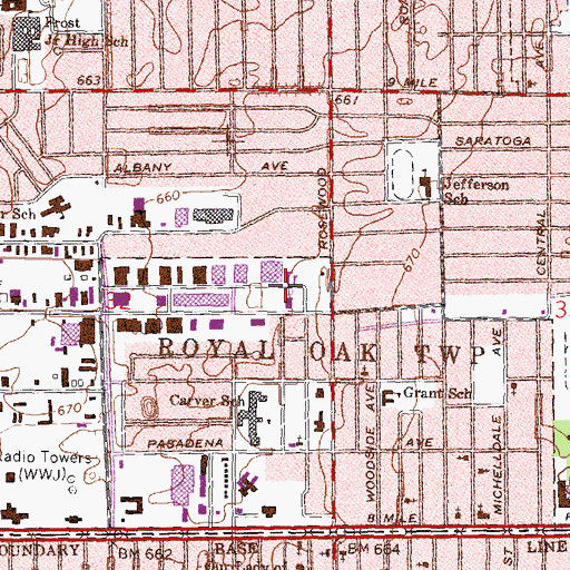 Topographic Map of WHYT-FM (Detroit), MI