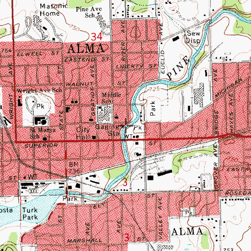 Topographic Map of City of Alma, MI
