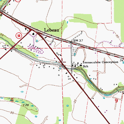 Topographic Map of Lebeau Post Office, LA