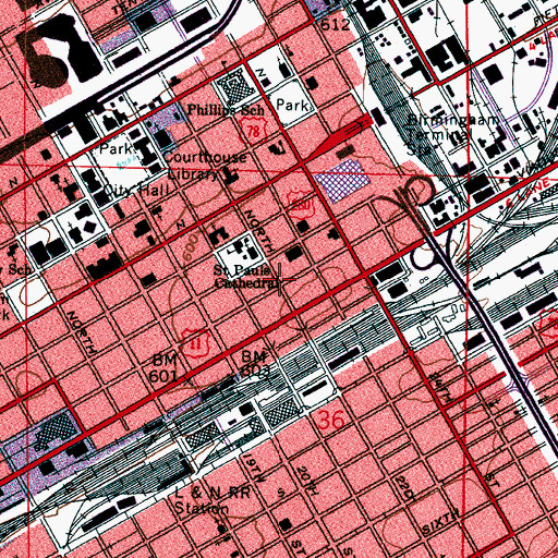 Topographic Map of Downtown Birmingham Historic District, AL