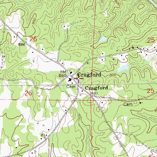 Topographic Map of Cragford Cemetery, AL