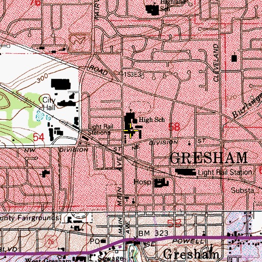Topographic Map of Gresham High School, OR