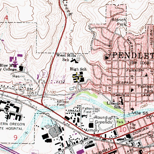 Topographic Map of Pendleton High School, OR
