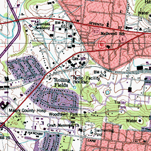Topographic Map of WKRM-AM (Columbia), TN