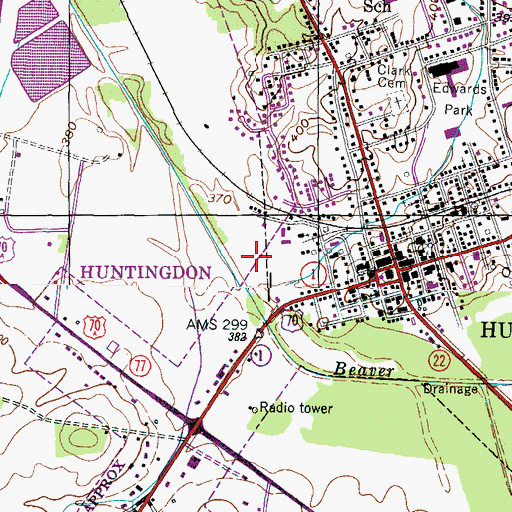 Topographic Map of WJPJ-AM (Huntingdon), TN