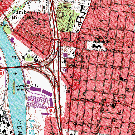 Topographic Map of WNAH-AM (Nashville), TN