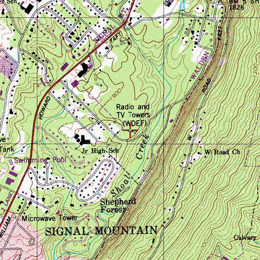 Topographic Map of WDEF-FM (Chattanooga), TN