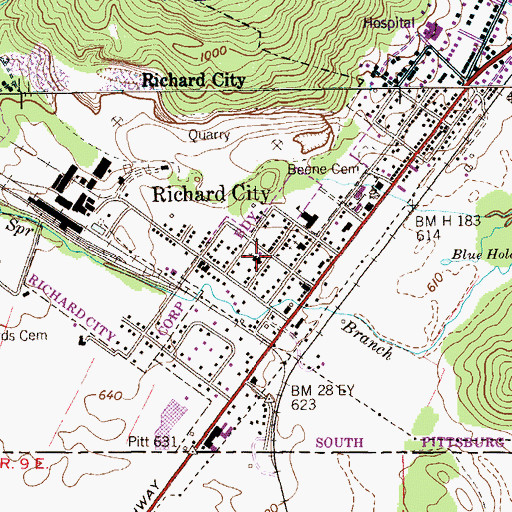 Topographic Map of Richard City First Baptist Church, TN