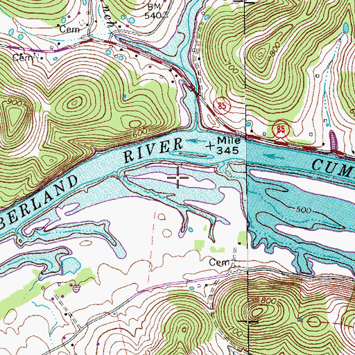 Topographic Map of Indian Creek Island, TN