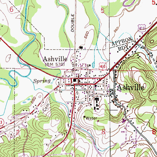 Topographic Map of Ashville, AL