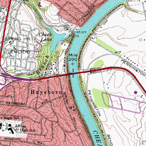 Topographic Map of Pennington Bend Bridge, TN