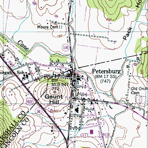 Topographic Map of Petersburg Post Office, TN