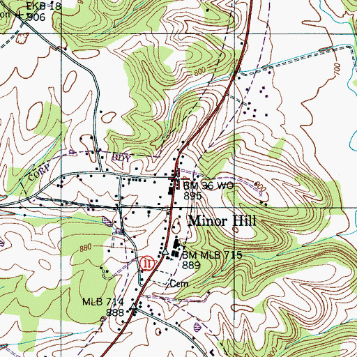 Topographic Map of Minor Hill Post Office, TN