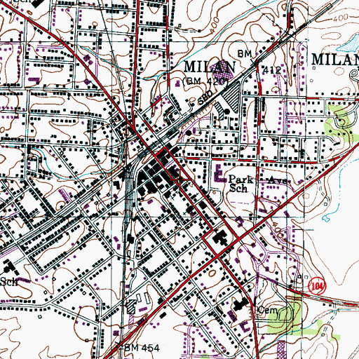 Topographic Map of Milan Post Office, TN