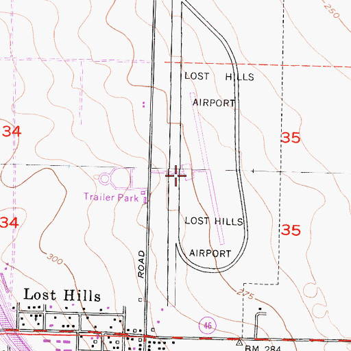 Topographic Map of Lost Hills-Kern County Airport, CA