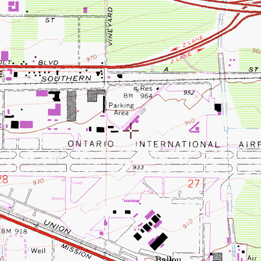 Topographic Map of Ontario International Airport, CA