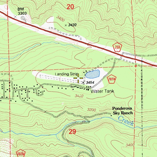 Topographic Map of Ponderosa Sky Ranch Airport, CA