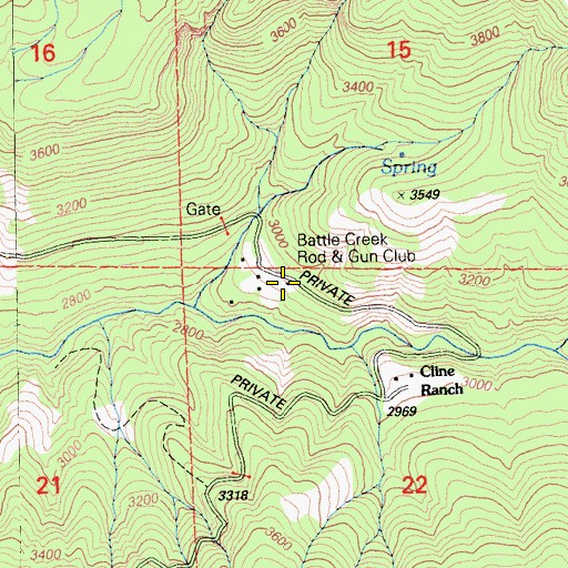 Topographic Map of Battle Creek Rod and Gun Club, CA