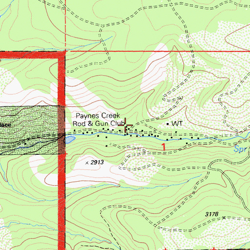 Topographic Map of Paynes Creek Rod and Gun Club, CA