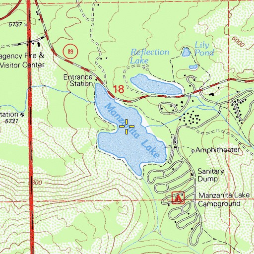 Topographic Map of Manzanita Lake Dam, CA