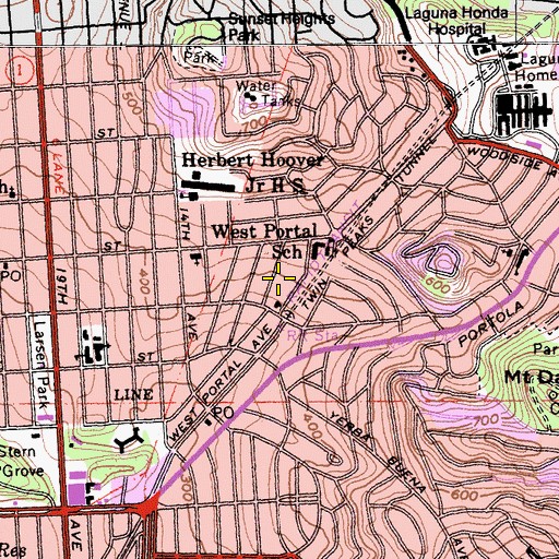 Topographic Map of West Portal Playground, CA