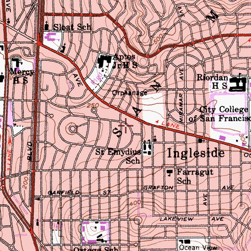 Topographic Map of Ingleside Branch Library, CA