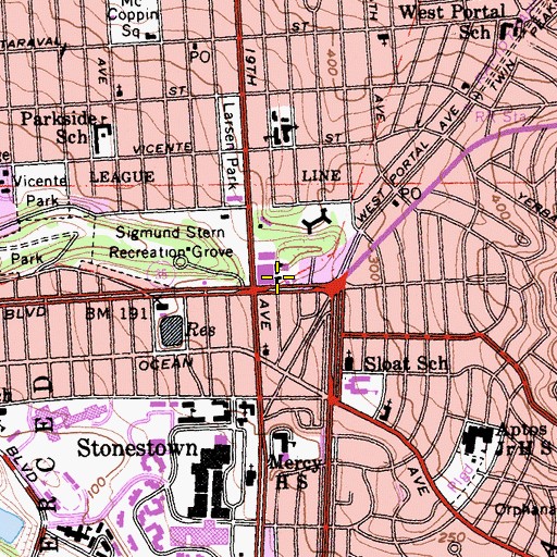 Topographic Map of West Portal Lutheran School, CA