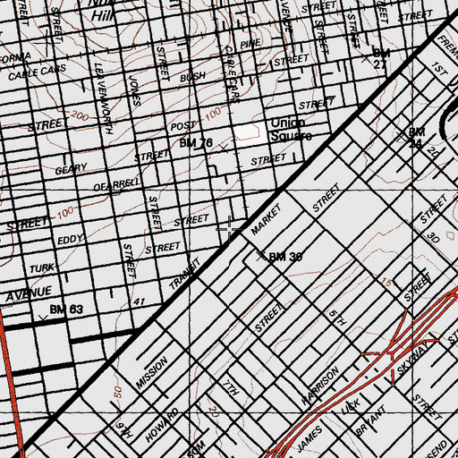 Topographic Map of San Francisco Centre Shopping Center, CA